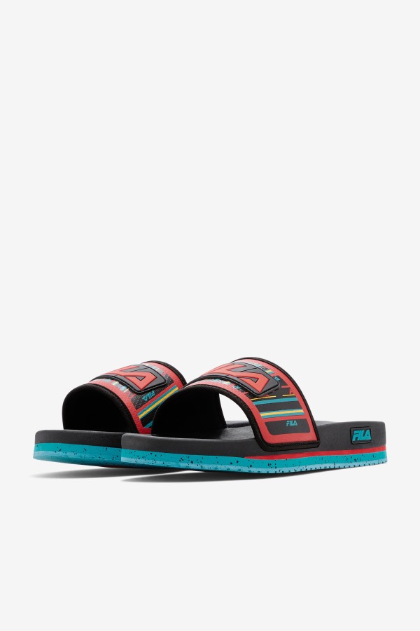 Fila Outlets Black/Capri Breeze/Red Men\'s Lunar Slide