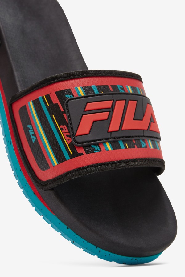 Fila Outlets Black/Capri Breeze/Red Men\'s Lunar Slide